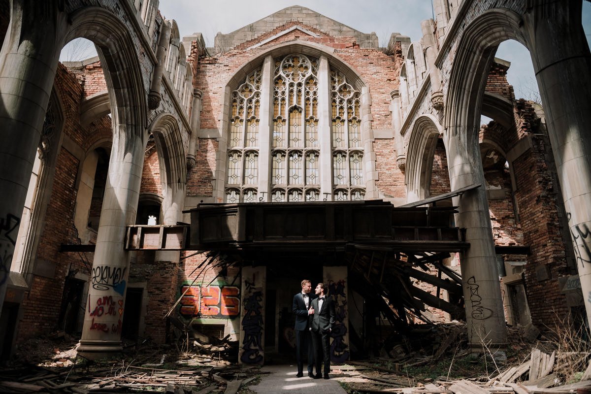 urban decay, city methodist church, abandoned church, abandoned, building, gary, indiana, chicago, illinois, couples session, gay, same sex, lgbtq, iron and honey, melissa ferrara, photographer, photography, wedding, elopement, grungy, moody, dark, emotional, passionate, dangerous, texture, engagement,
