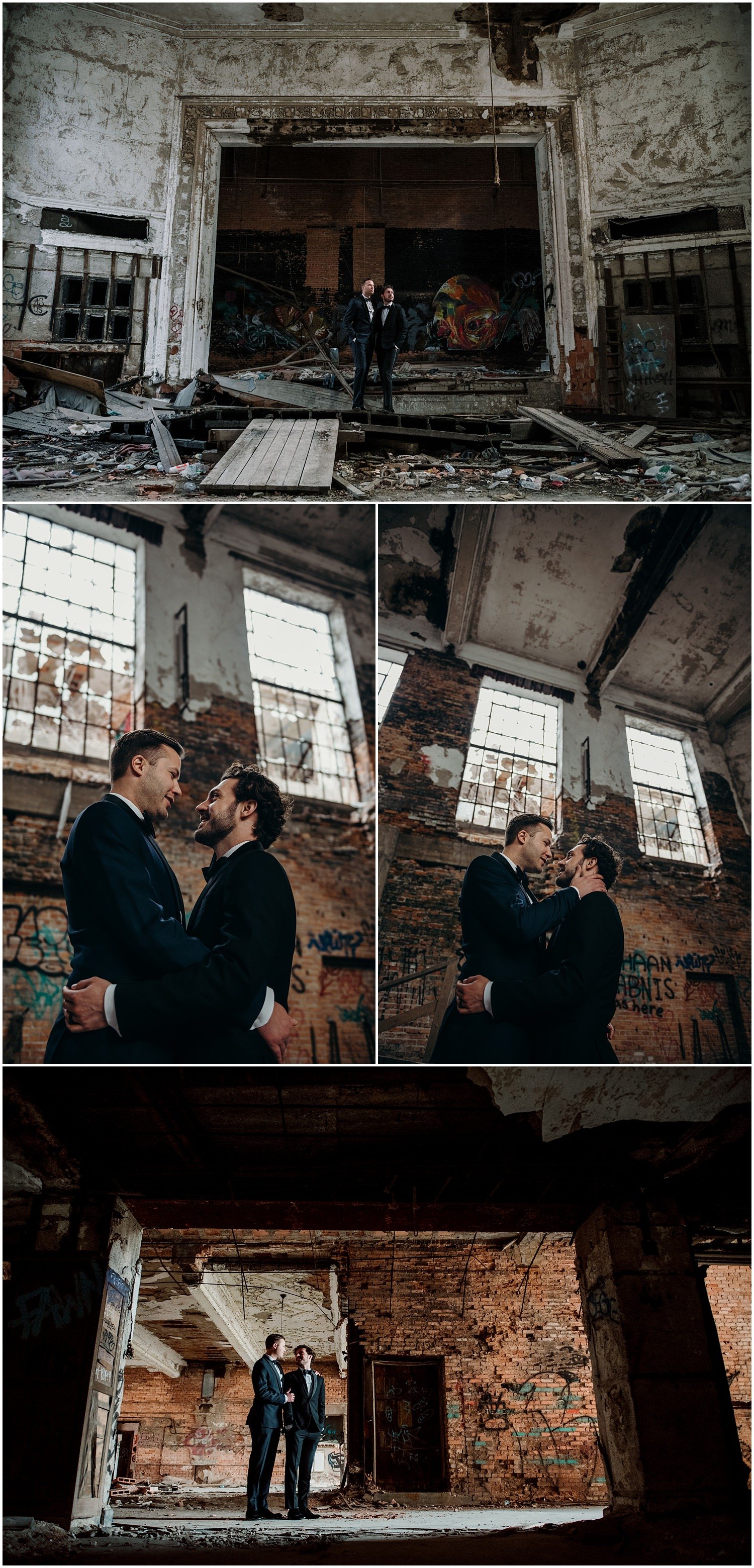 urban decay, abandoned, building, gary, indiana, chicago, illinois, couples session, gay, same sex, lgbtq, iron and honey, melissa ferrara, photographer, photography, wedding, elopement, grungy, moody, dark, emotional, passionate, dangerous, texture, engagement, 