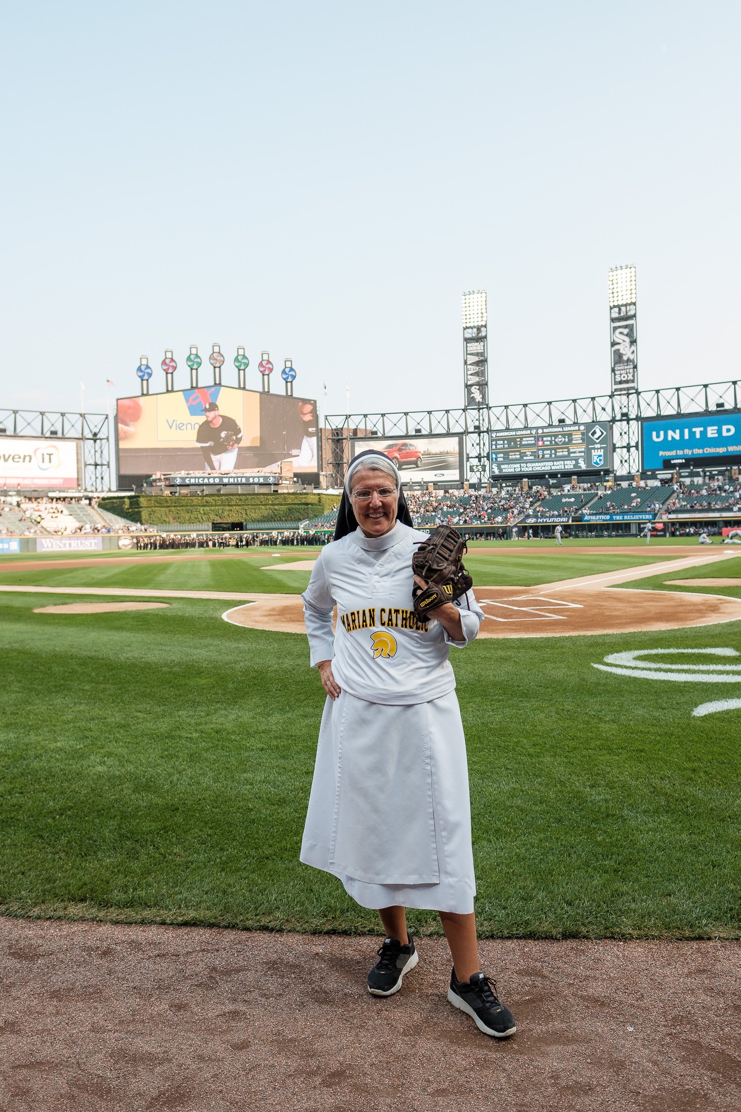 Sister Mary Jo Sobieck, Marian Catholic High School, threw, first pitch, White Sox, Kansas City Royals, Guaranteed Rate Field, comiskey park, nun, sister mary jo, chicago, photographer, photography, sports, perfect pitch, melissa ferrara, iron and honey, 