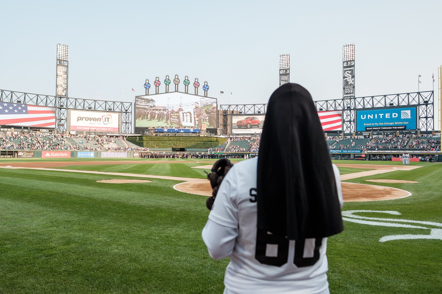 Sister Mary Jo Sobieck, Marian Catholic High School, threw, first pitch, White Sox, Kansas City Royals, Guaranteed Rate Field, comiskey park, nun, sister mary jo, chicago, photographer, photography, sports, perfect pitch, melissa ferrara, iron and honey, 