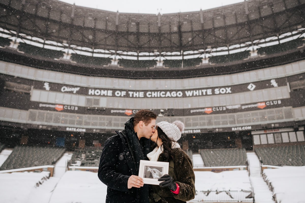 white sox, baseball, lauren watkins, jace fry, mlb, major league baseball, pitcher, comiskey park, guaranteed rate field, baby, pregnancy, announcement, snow, winter, chicago, snow, snowing, field, stadium, museum campus, skyline, city, photographer, photography, iron and honey, polar vortex