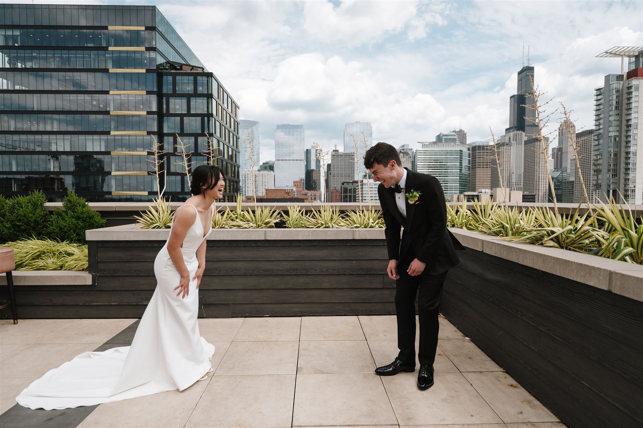 first look wedding photo downtown chicago rooftop