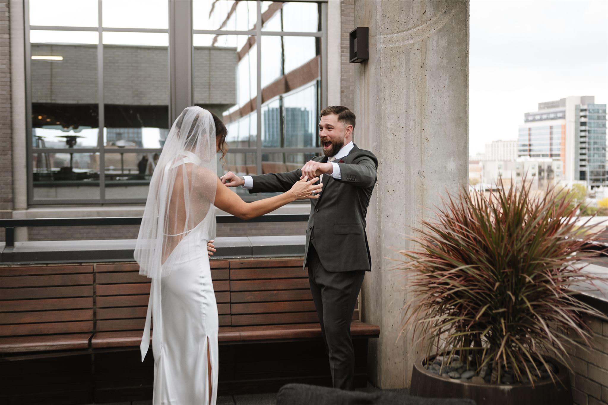 Documentary wedding moment at The Emily Hotel in Chicago before the ceremony