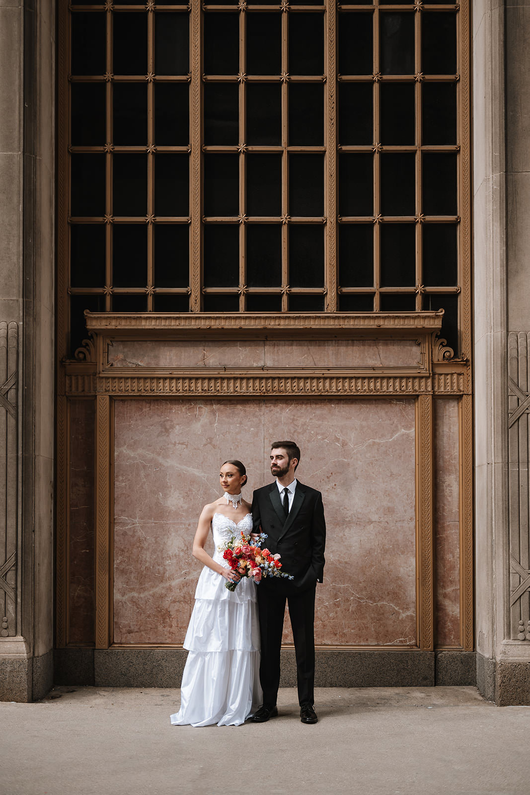 Editorial wedding photography portrait with architectural symmetry and a polished, magazine-inspired composition